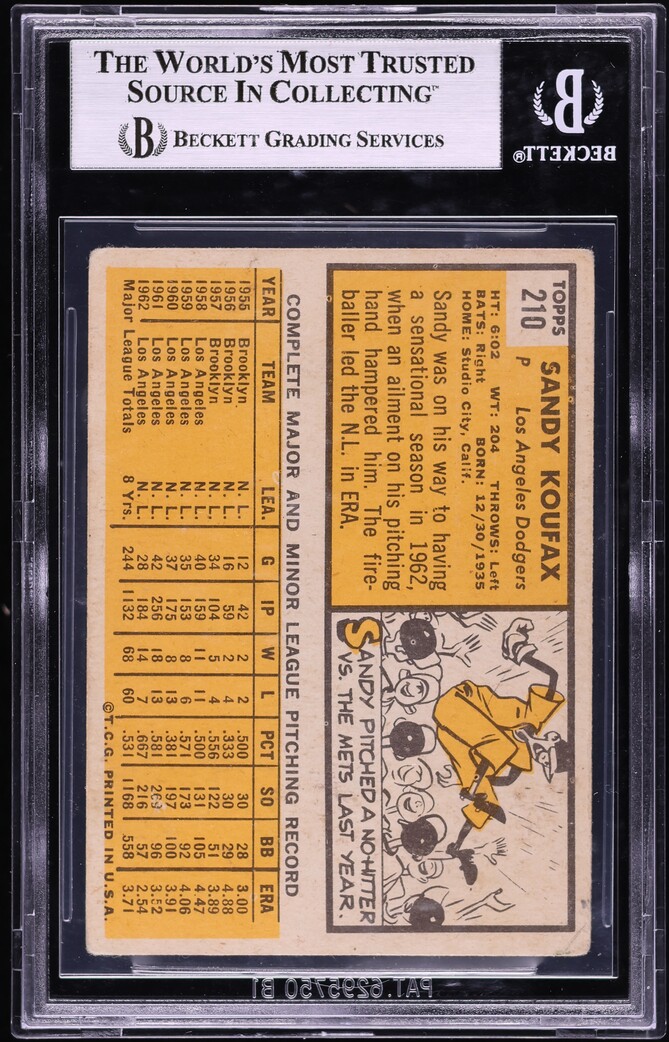 1963 Topps Sandy Koufax #210 BGS 3 VG