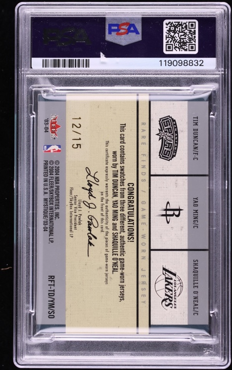 2003 Fleer Mystique Rare Finds Tim Duncan Yao Ming Shaquille O'Neal PATCH /15 #TD/YM/SO PSA 7