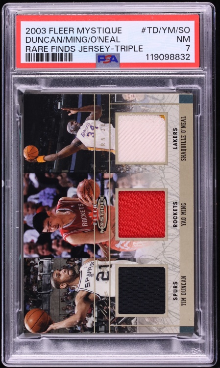 2003 Fleer Mystique Rare Finds Tim Duncan Yao Ming Shaquille O'Neal PATCH /15 #TD/YM/SO PSA 7