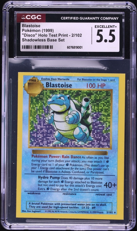 1999 Pokemon Base Set Shadowless Test Print Square Cut Disco Holo Blastoise #2 CGC 5.5 EX+