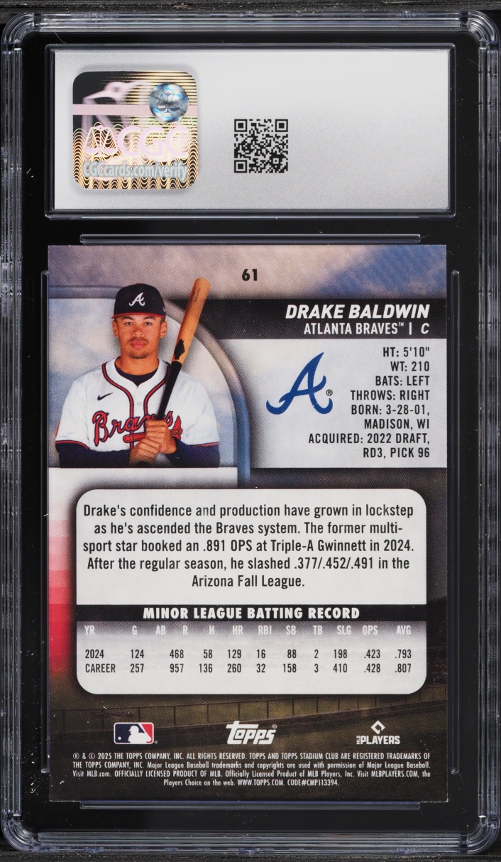 2025 Stadium Club Drake Baldwin ROOKIE #61 CGC 10 GEM MINT