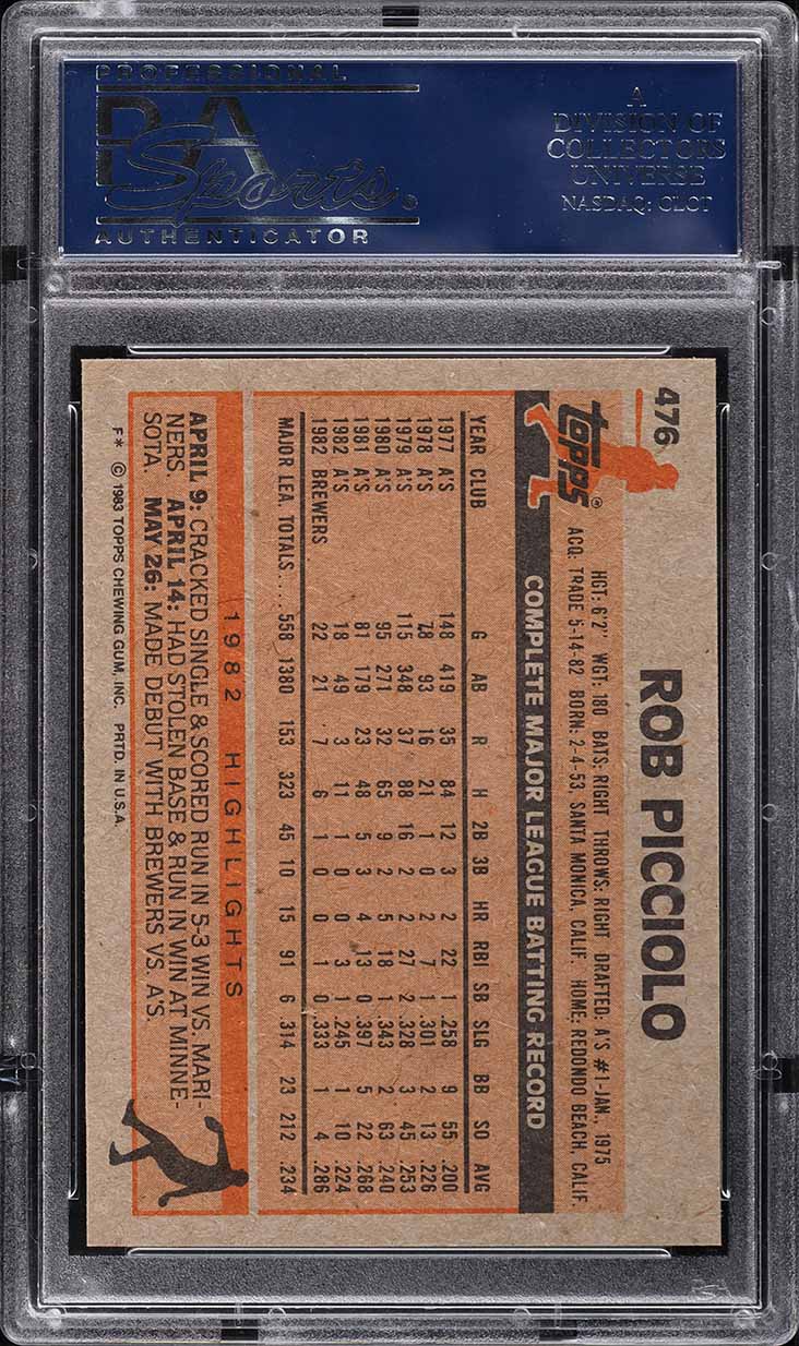 1983 Topps Rob Picciolo #476 PSA 10 GEM MINT