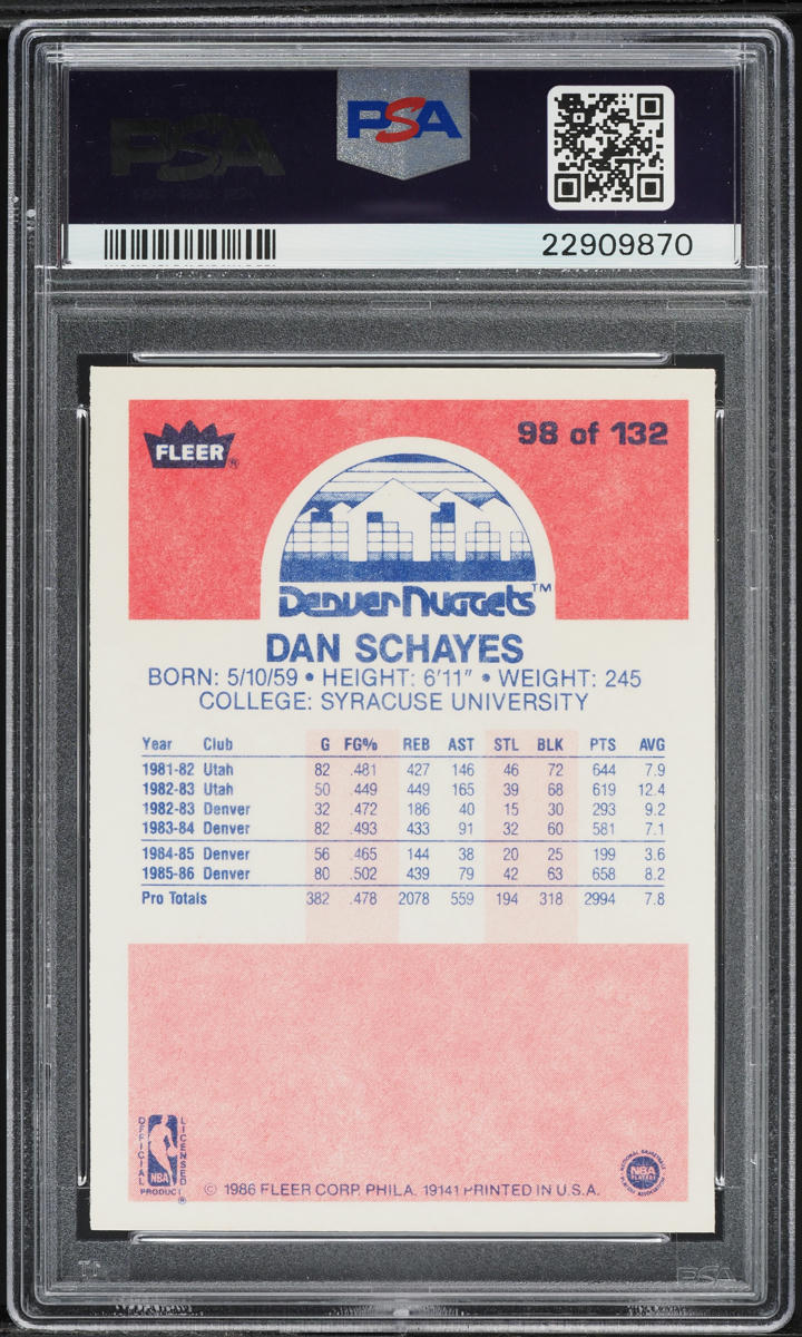 1986 Fleer Basketball Dan Schayes #98 PSA 10 GEM MINT