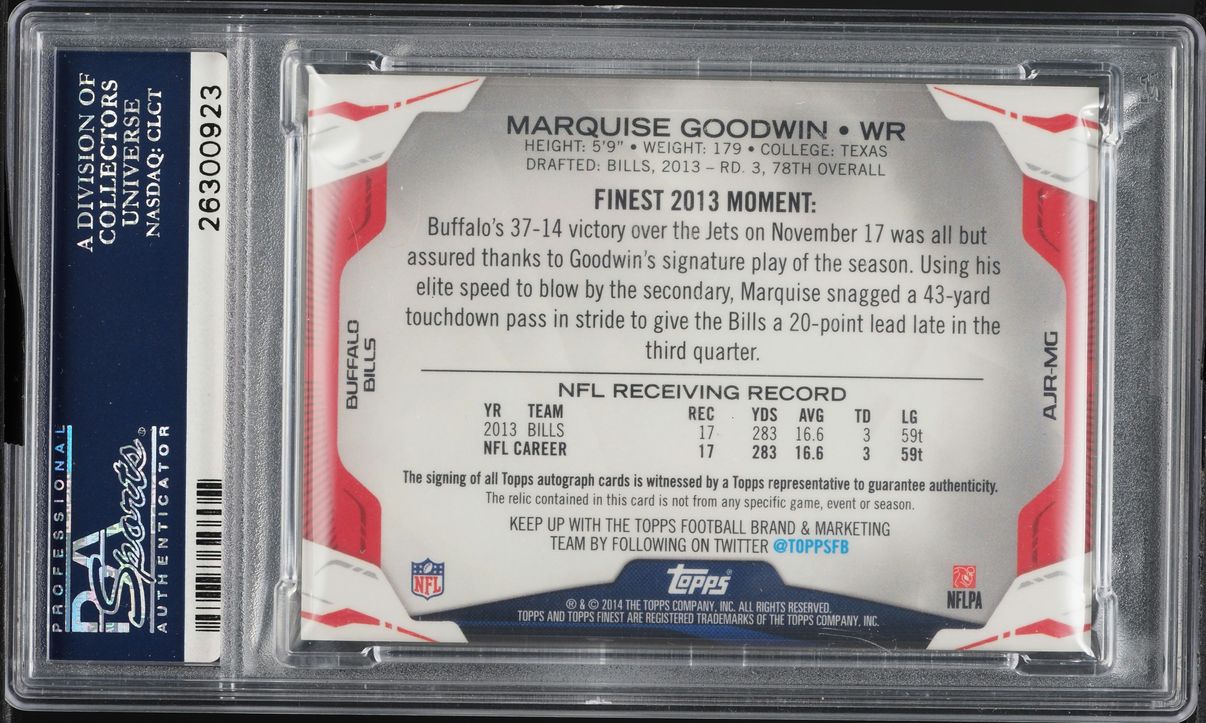 2014 Finest Jumbo Refractor Jumbo Relic-Blue Marquise Goodwin PATCH AUTO /99 #AJR-MG PSA 9 MINT