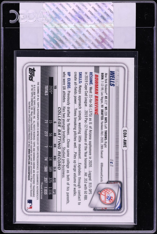 2020 Bowman Chrome Draft Black Refractor Austin Wells PROSPECT AUTO /75 #CDA-AWE CGC AUTH