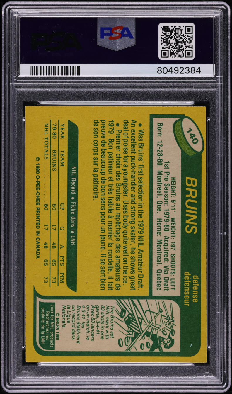 1980 O-Pee-Chee Hockey Ray Bourque ROOKIE AUTO #140 PSA 8 NM-MT