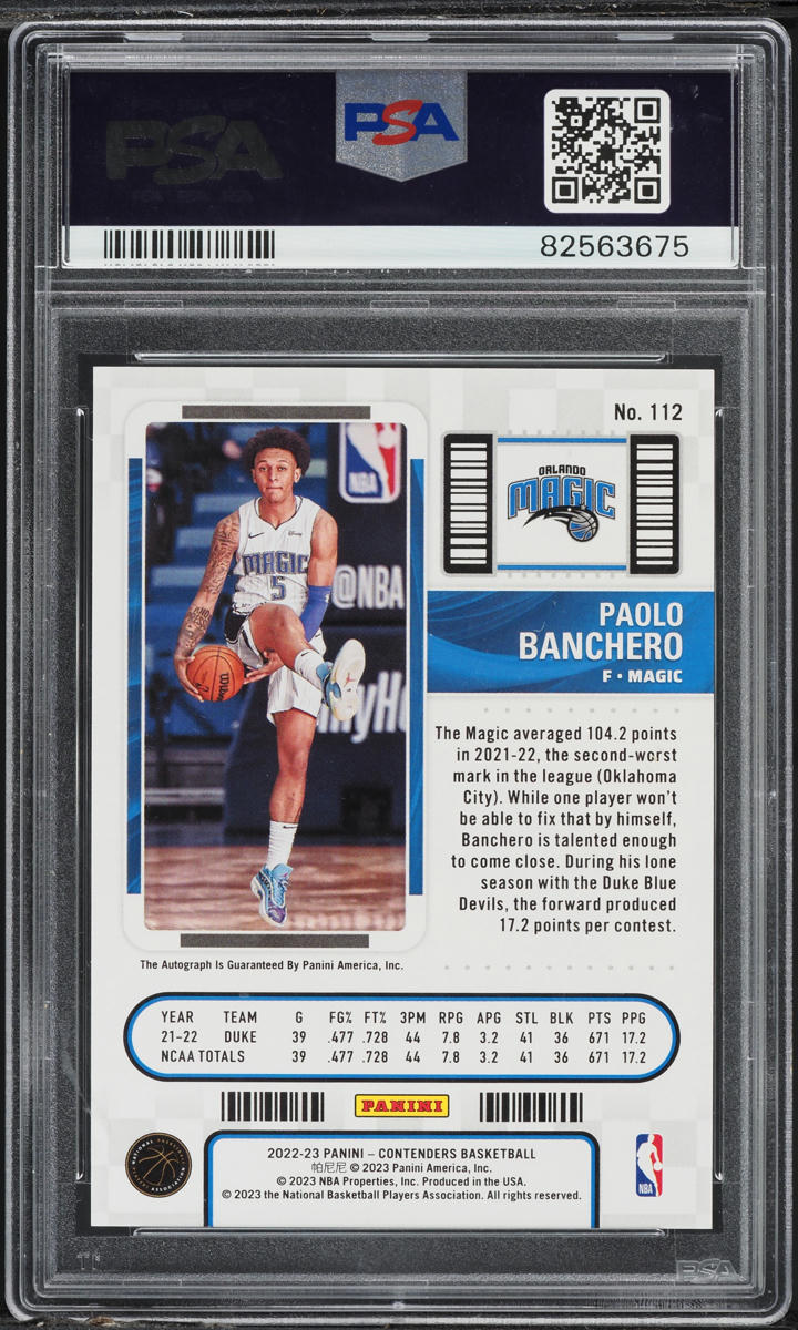 2022 Panini Contenders Playoff Ticket Paolo Banchero ROOKIE AUTO /99 #112 PSA 9