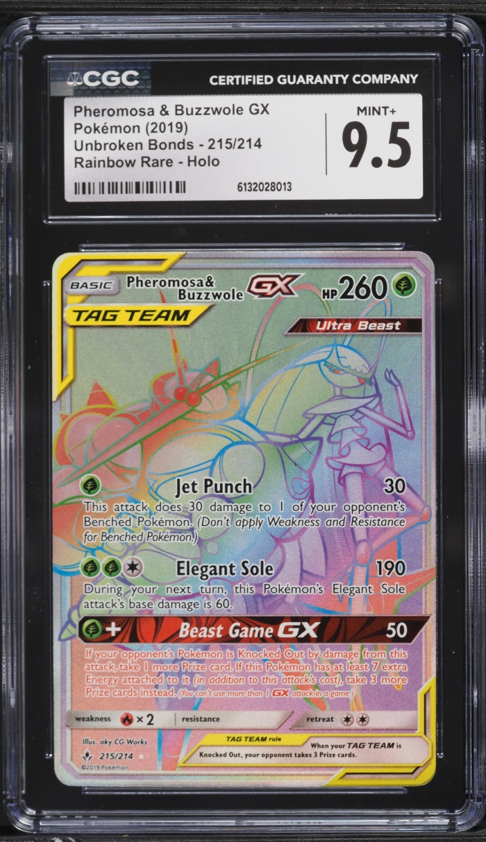 2019 Pokemon Sun & Moon Unbroken Bonds Rainbow Rare Pheromosa & Buzzwole GX #215 CGC 9.5 MINT+