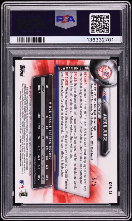 2017 Bowman Chrome Red Refractor Aaron Judge ROOKIE AUTO DNA 10 5/5 #CRA-AJ PSA 8 NM-MT