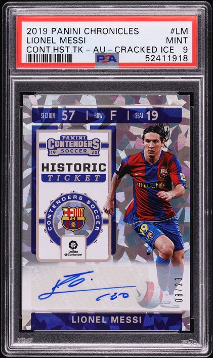 2019 Panini Chronicles Contenders Historic Ticket Cracked Ice Lionel Messi AUTO /23 #HTLM PSA 9