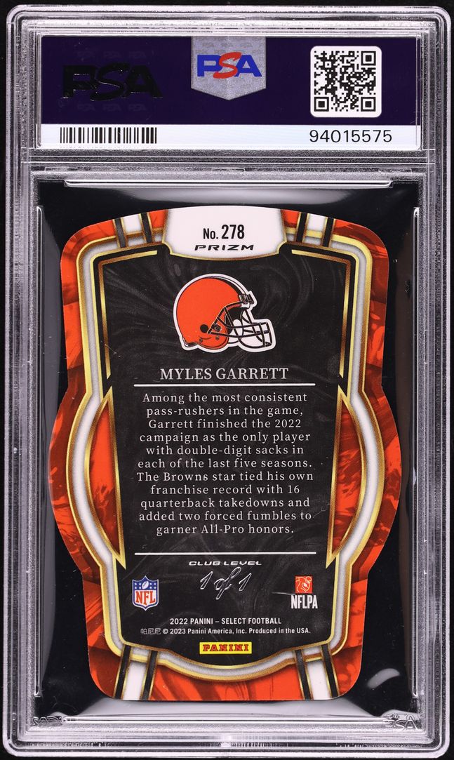 2022 Select Club Level Black Prizm Die-Cut Myles Garrett 1/1 #278 PSA 9 MINT - Photo 2