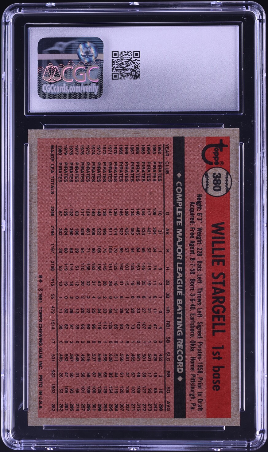 1981 Topps Willie Stargell #380 CGC 7.5 NRMT+