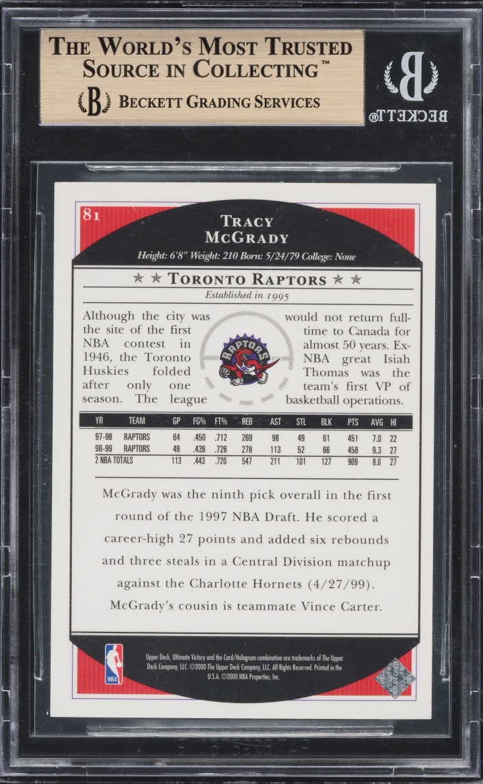 1999 Ultimate Victory Parallel Tracy McGrady /100 #81 BGS 9.5 GEM MINT - Photo 2