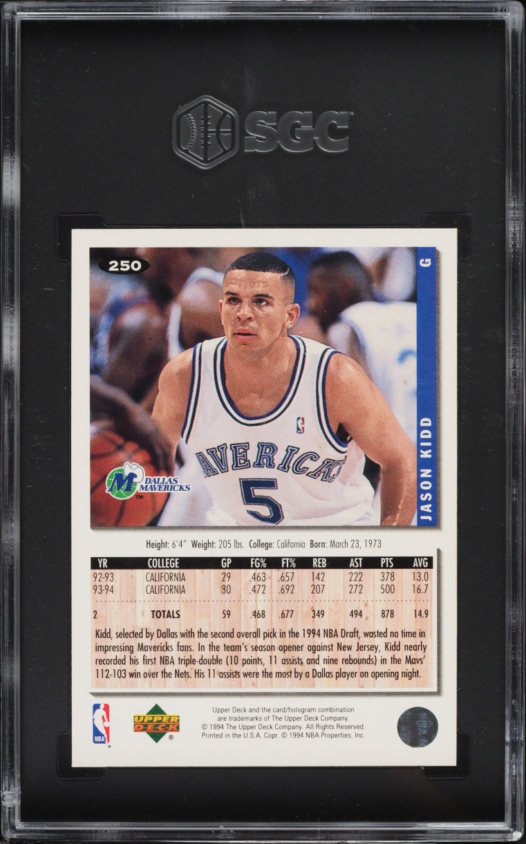 1994 Collector's Choice Gold Signature Jason Kidd ROOKIE #250 SGC 10 GEM MINT - Photo 2