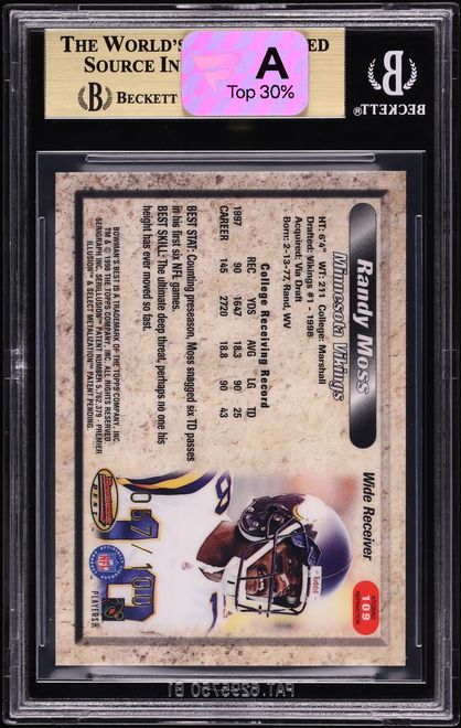 1998 Bowman's Best Atomic Refractor Randy Moss ROOKIE /100 #109 BGS 10 PRISTINE