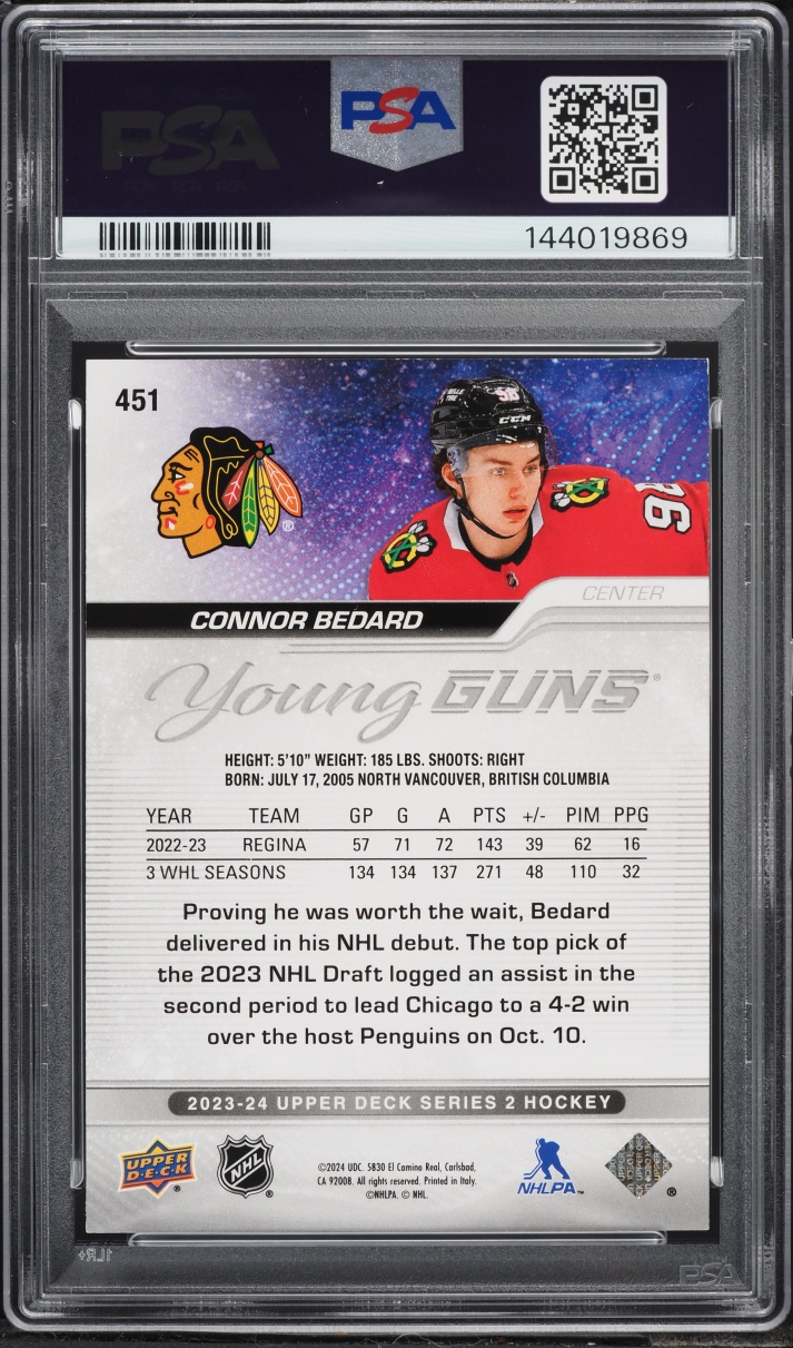 2023 Upper Deck Young Guns Connor Bedard ROOKIE #451 PSA 8 NM-MT