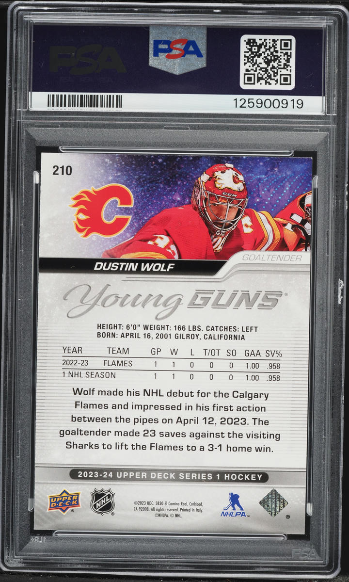 2023 Upper Deck Young Guns Outburst Dustin Wolf ROOKIE #210 PSA 9 MINT