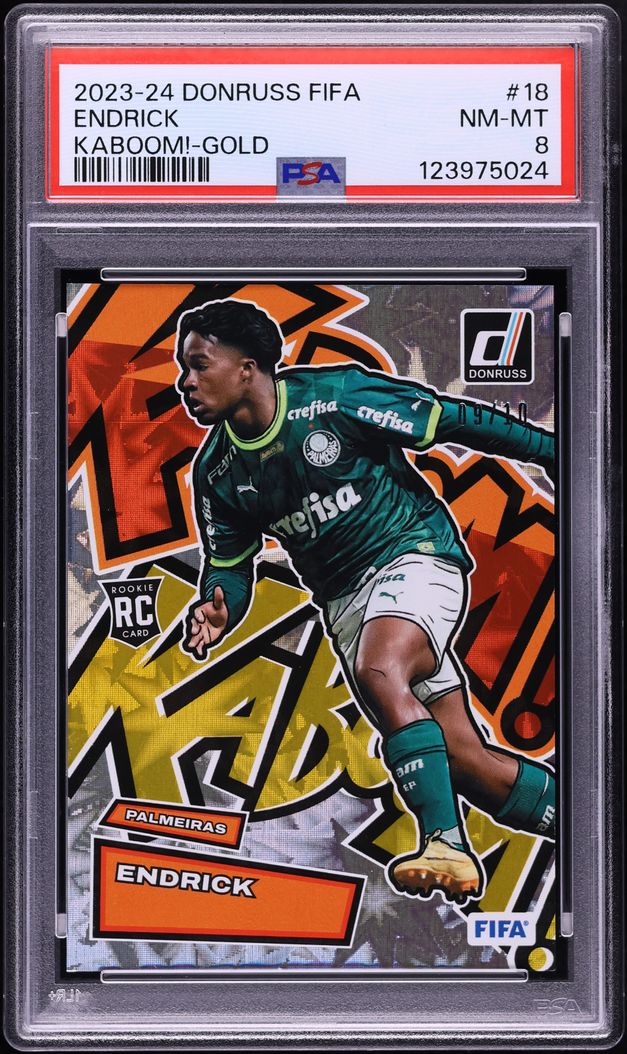 2023 Donruss FIFA Kaboom! Gold Endrick ROOKIE JERSEY # 9/10 #18 PSA 8 NM-MT