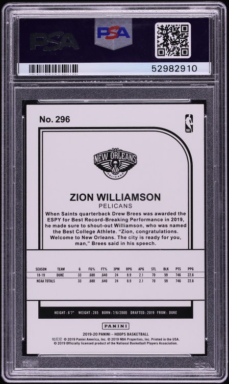 2019 Hoops Winter Tribute Zion Williamson ROOKIE #296 PSA 10 GEM MINT