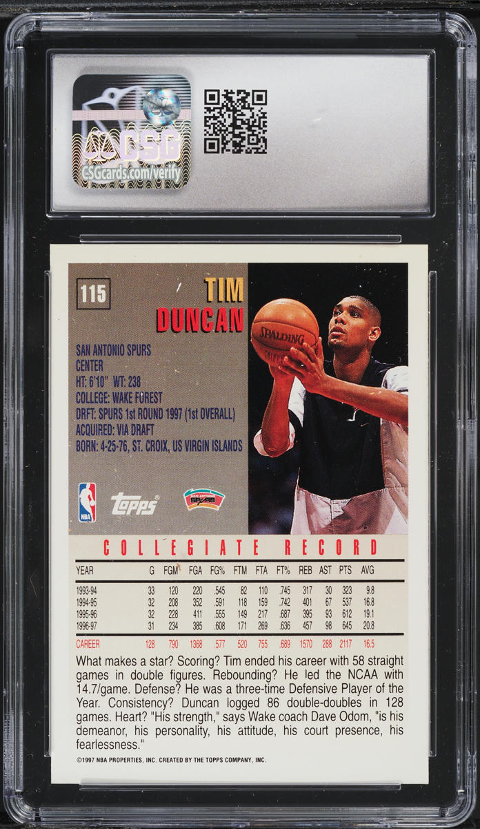 1997 Topps Basketball Tim Duncan ROOKIE #115 CSG 9.5 MINT+