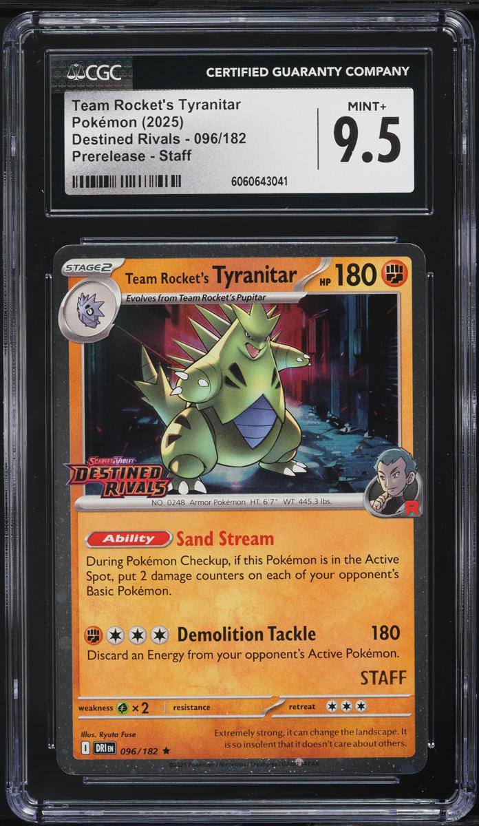2025 Pokemon SV Destined Rivals Prerelease Staff Team Rocket's Tyranitar #96 CGC 9.5 MINT+