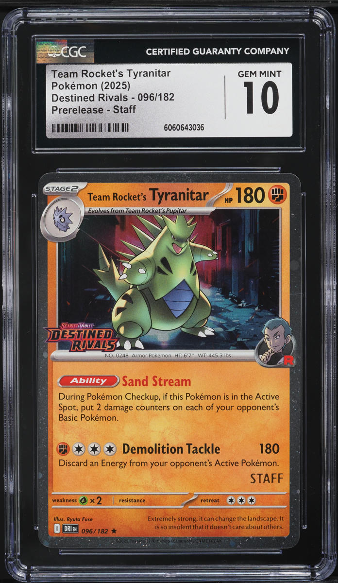 2025 Pokemon SV Destined Rivals Prerelease Staff Team Rocket's Tyranitar #96 CGC 10 GEM MINT