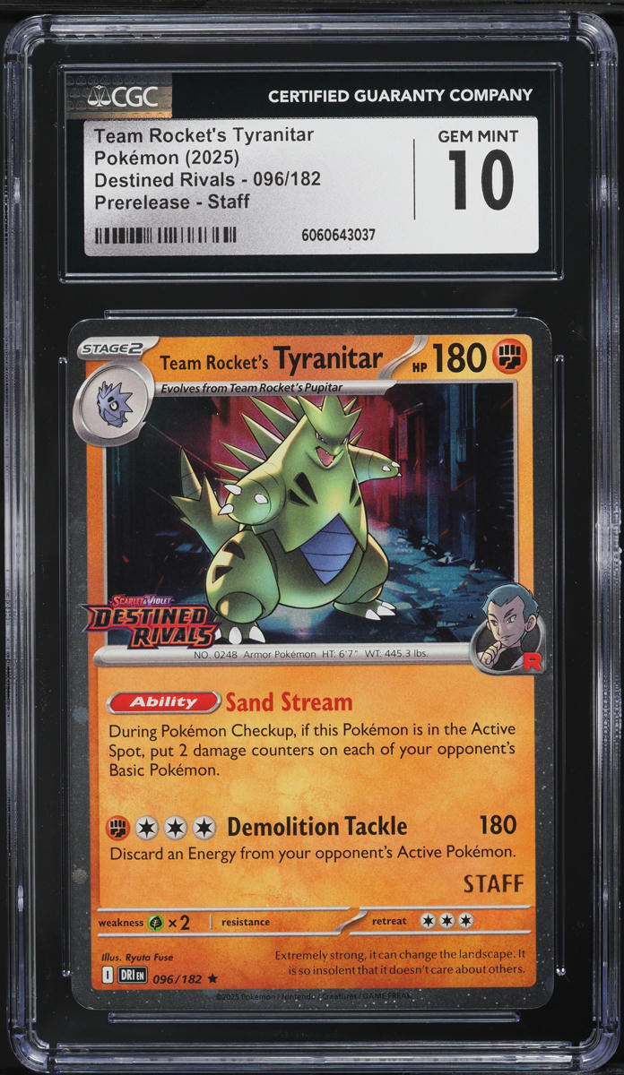 2025 Pokemon SV Destined Rivals Prerelease Staff Team Rocket's Tyranitar #96 CGC 10 GEM MINT