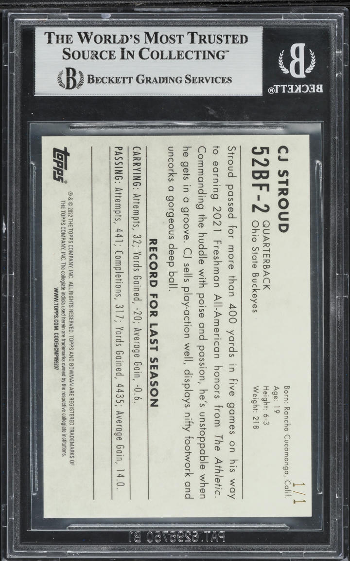2022 Bowman Chrome University '52 Superfractor C.J. Stroud ROOKIE 1/1 #52BF2 BGS 8.5