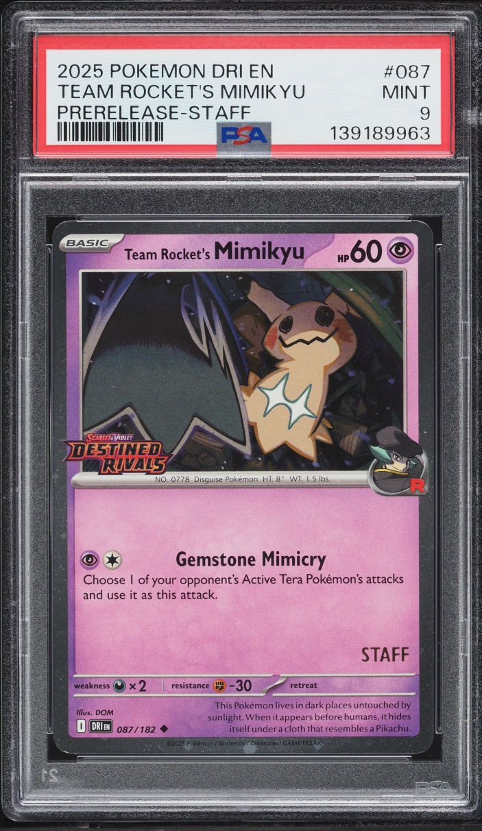 2025 Pokemon SV Destined Rivals Prerelease Staff Holo Team Rocket's Mimikyu #87 PSA 9 MINT