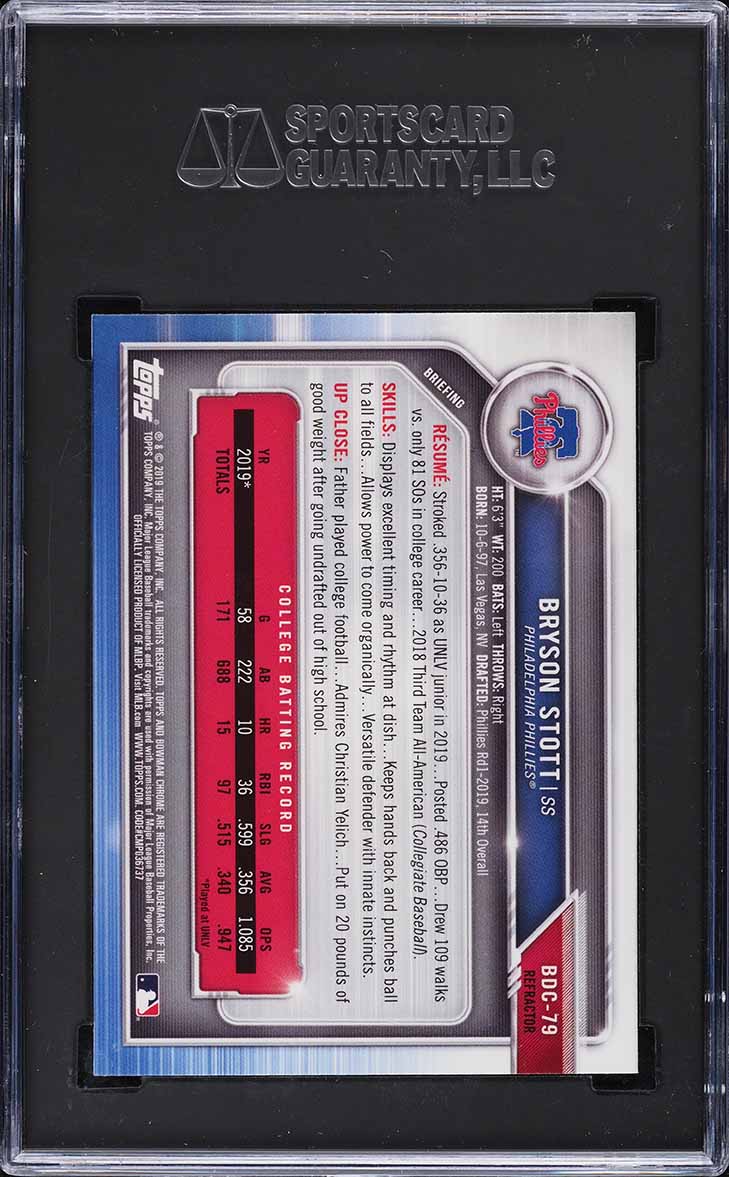 2019 Bowman Chrome Draft Refractor Bryson Stott PROSPECT #BDC79 SGC 10 GEM MINT