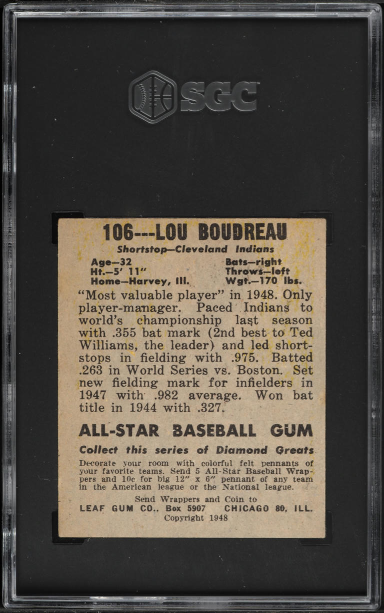 1948 Leaf Gum Lou Boudreau ROOKIE #106 SGC 4.5 VGEX+