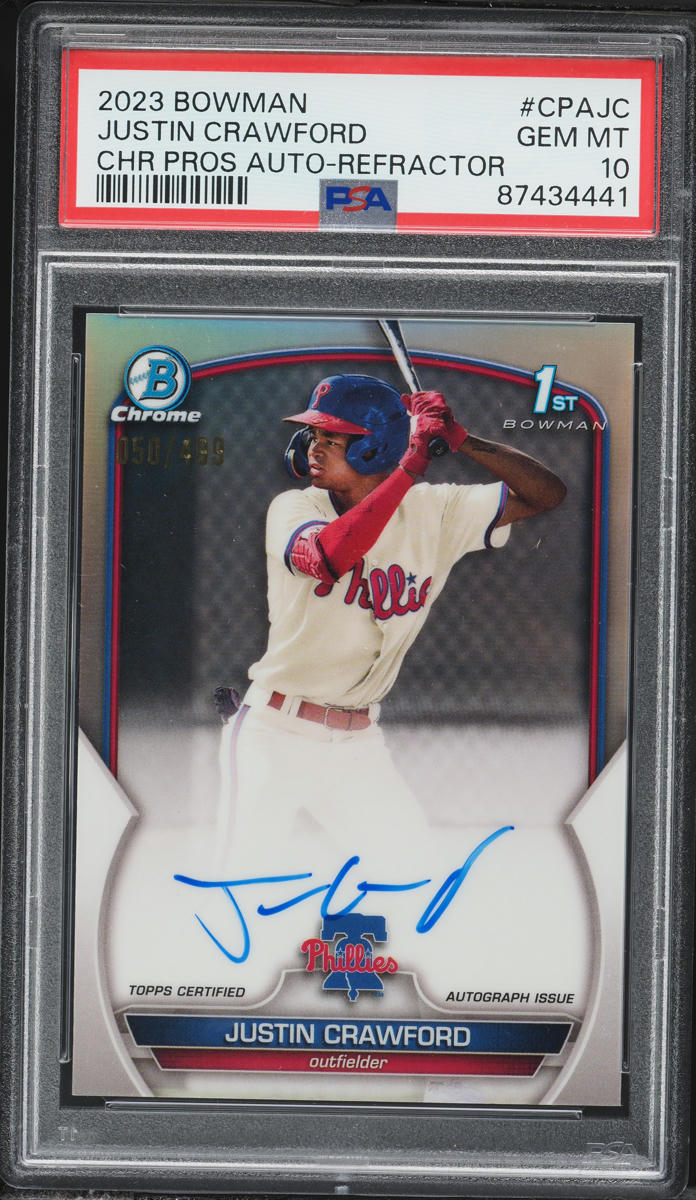2023 Bowman Chrome Refractor Justin Crawford PROSPECT AUTO /499 #CPA-JC PSA 10 GEM MINT