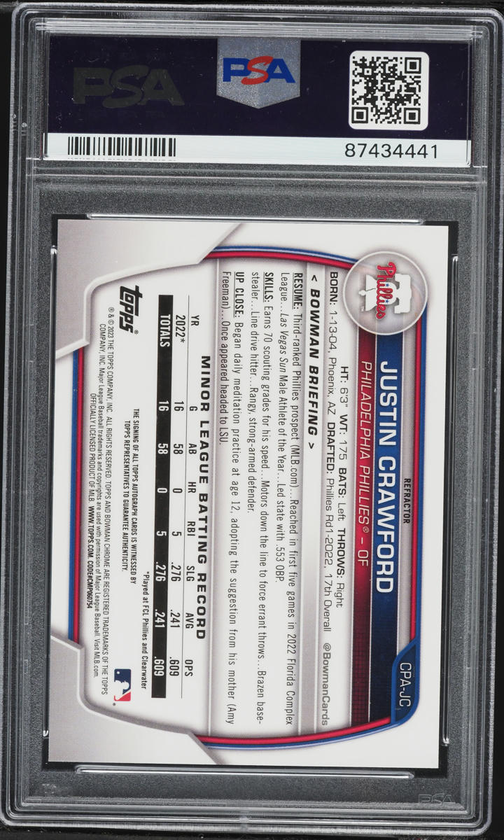 2023 Bowman Chrome Refractor Justin Crawford PROSPECT AUTO /499 #CPA-JC PSA 10 GEM MINT