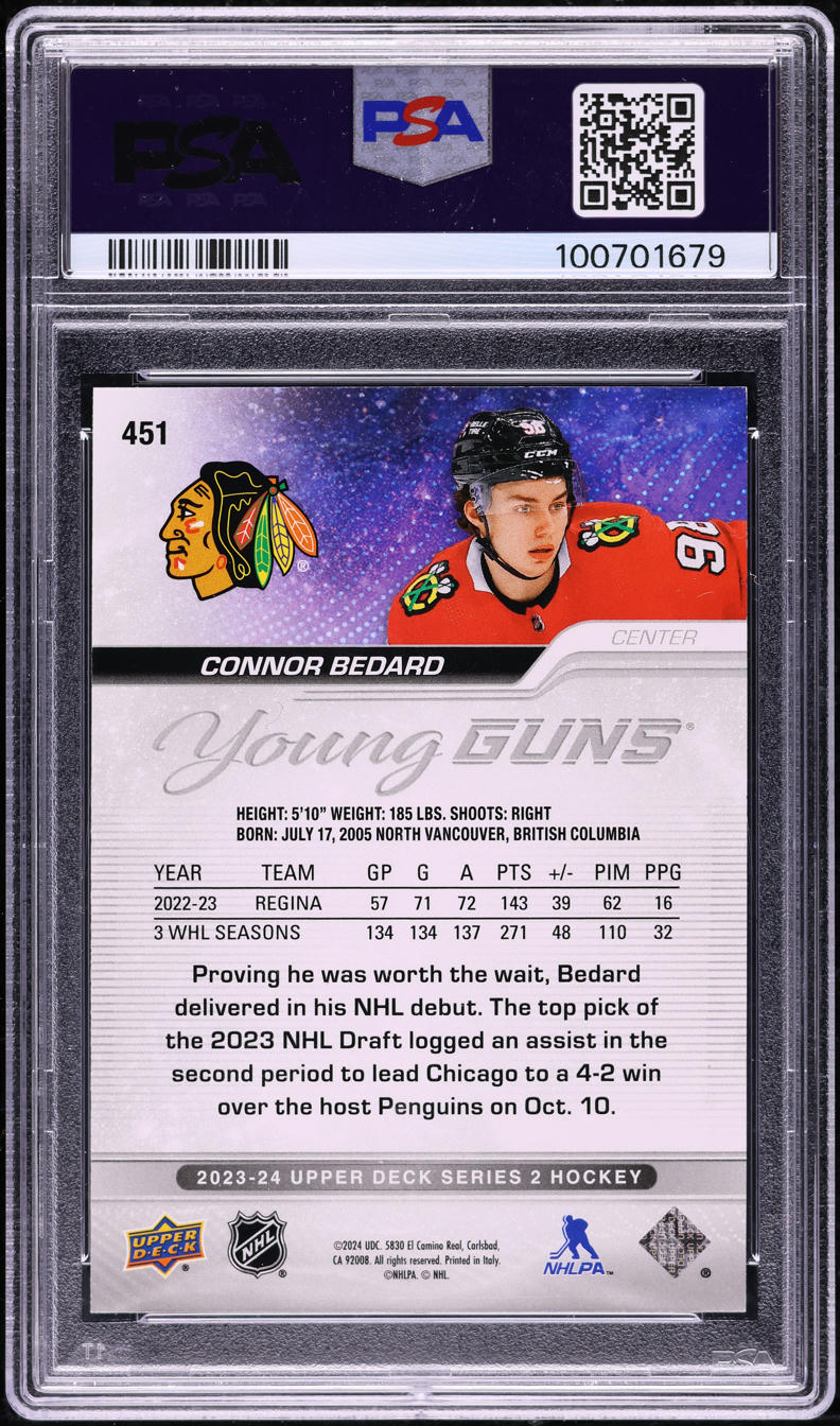 2023 Upper Deck Young Guns Outburst Connor Bedard ROOKIE #451 PSA 6 EXMT