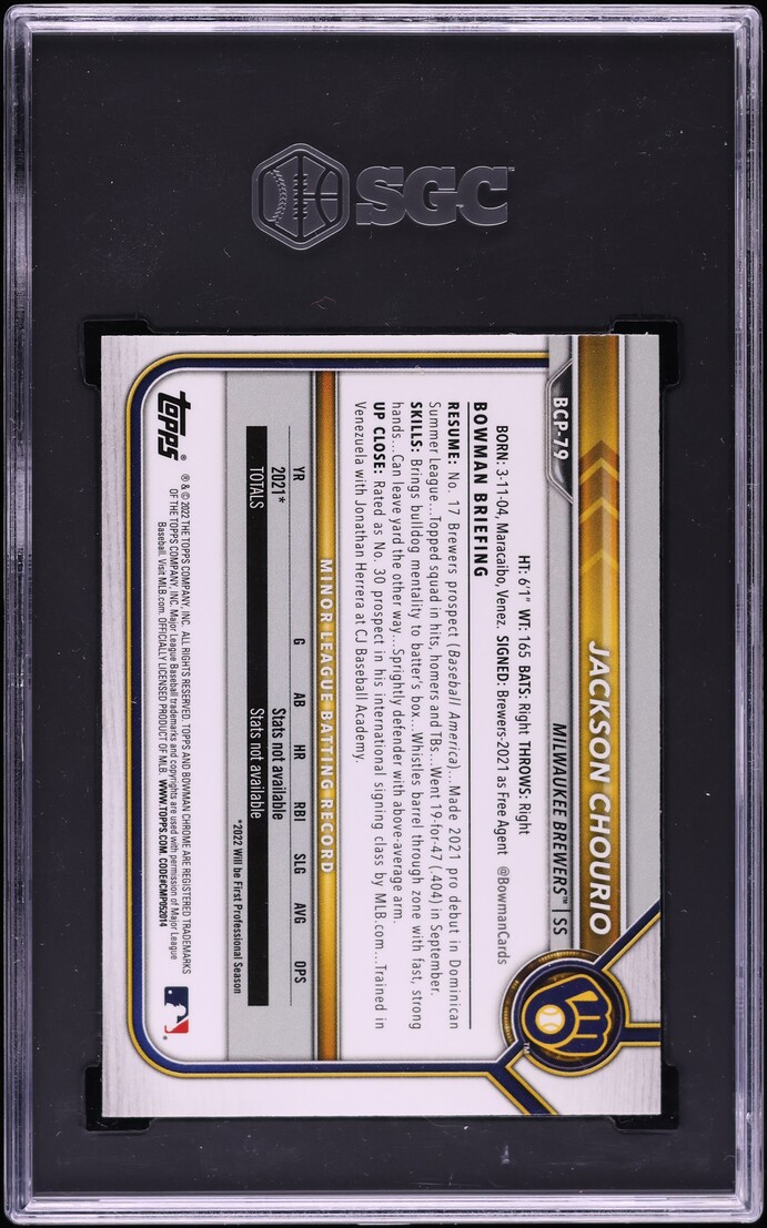 2022 Bowman Chrome Mega Box Jackson Chourio PROSPECT #BCP-79 SGC 9 MINT