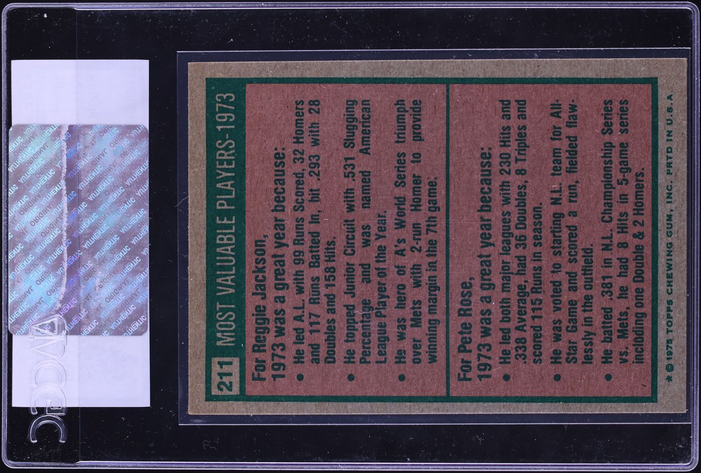 1975 Topps Reggie Jackson Pete Rose '73 MOST VALUABLE PLAYERS #211 CGC AUTH