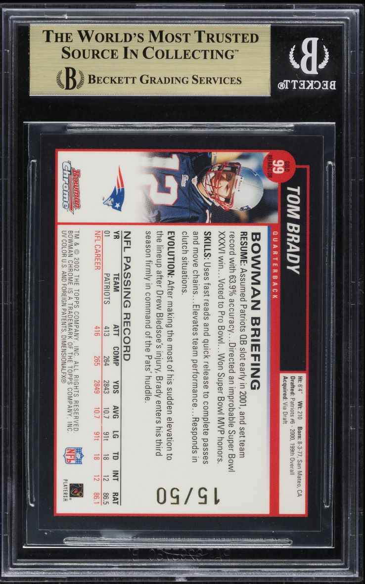 2002 Bowman Chrome Gold Refractor Tom Brady /50 #99 BGS 9.5 GEM MINT