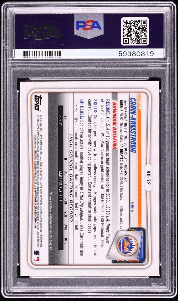 2020 Bowman Chrome Draft Sapphire Pete Crow-Armstrong PROSPECT #BD-72 PSA 10 GEM MINT