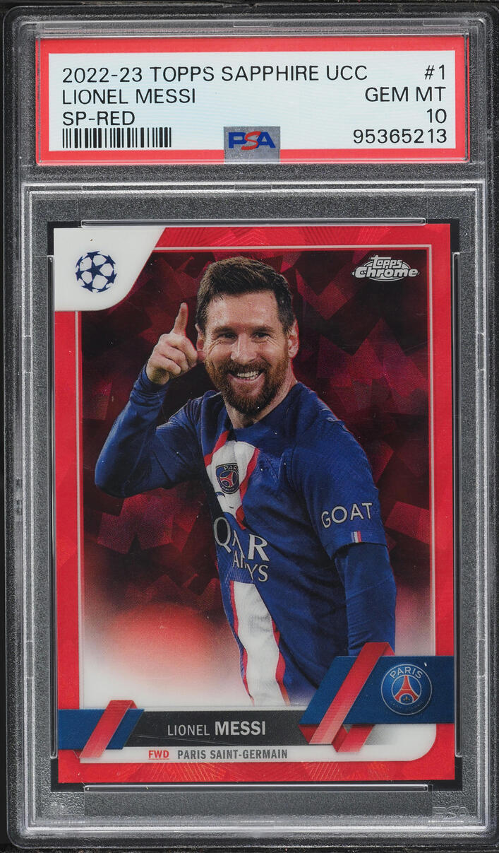 2022 Topps Chrome UEFA Club Competitions Sapphire Red Lionel Messi SP /5 #1 PSA 10 GEM MINT