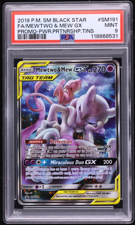 2019 Pokemon SM Promo Power Partnership Tins Alt Art Mewtwo & Mew GX #SM191 PSA 9 MINT