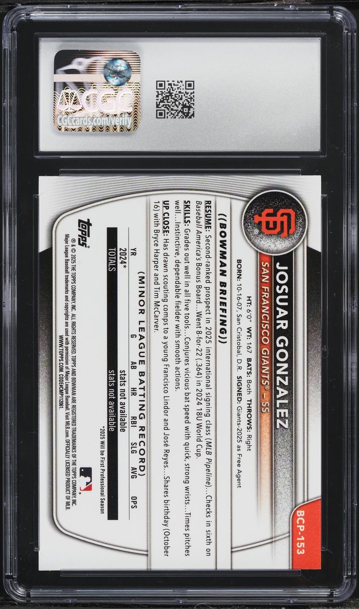 2025 Bowman Chrome Josuar Gonzalez PROSPECT #BCP-153 CGC 10 GEM MINT