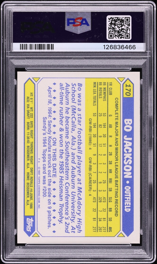 1987 Topps Tiffany Future Stars Bo Jackson ROOKIE #170 PSA 10 GEM MINT - Photo 2