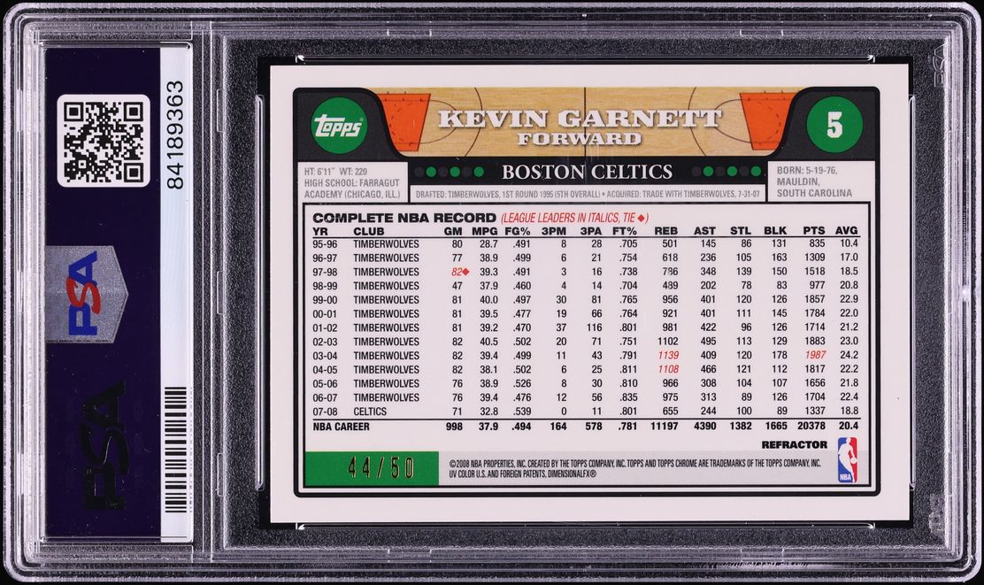 2008 Topps Chrome Gold Refractor Kevin Garnett /50 #5 PSA 9 MINT - Photo 2