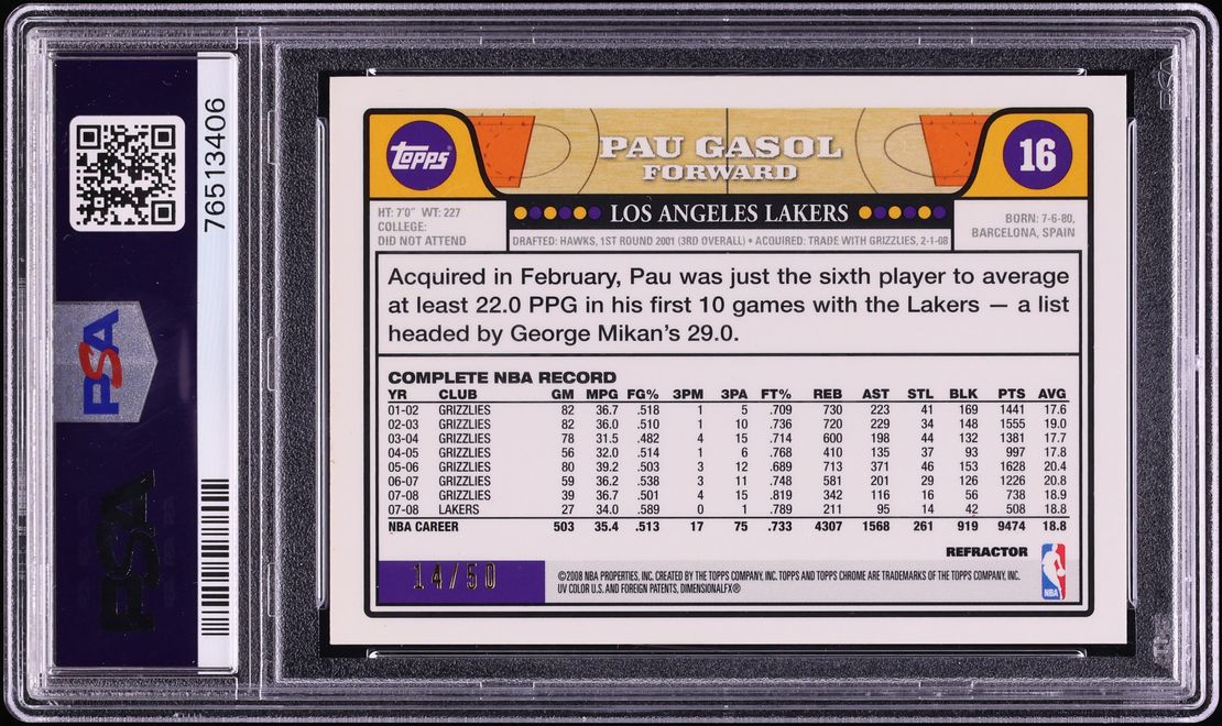 2008 Topps Chrome Gold Refractor Pau Gasol /50 #16 PSA 9 MINT - Photo 2