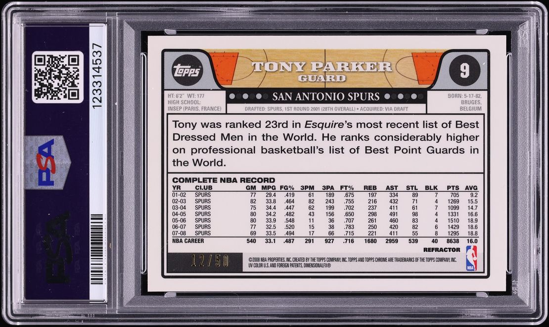 2008 Topps Chrome Gold Refractor Tony Parker /50 #9 PSA 10 GEM MINT - Photo 2