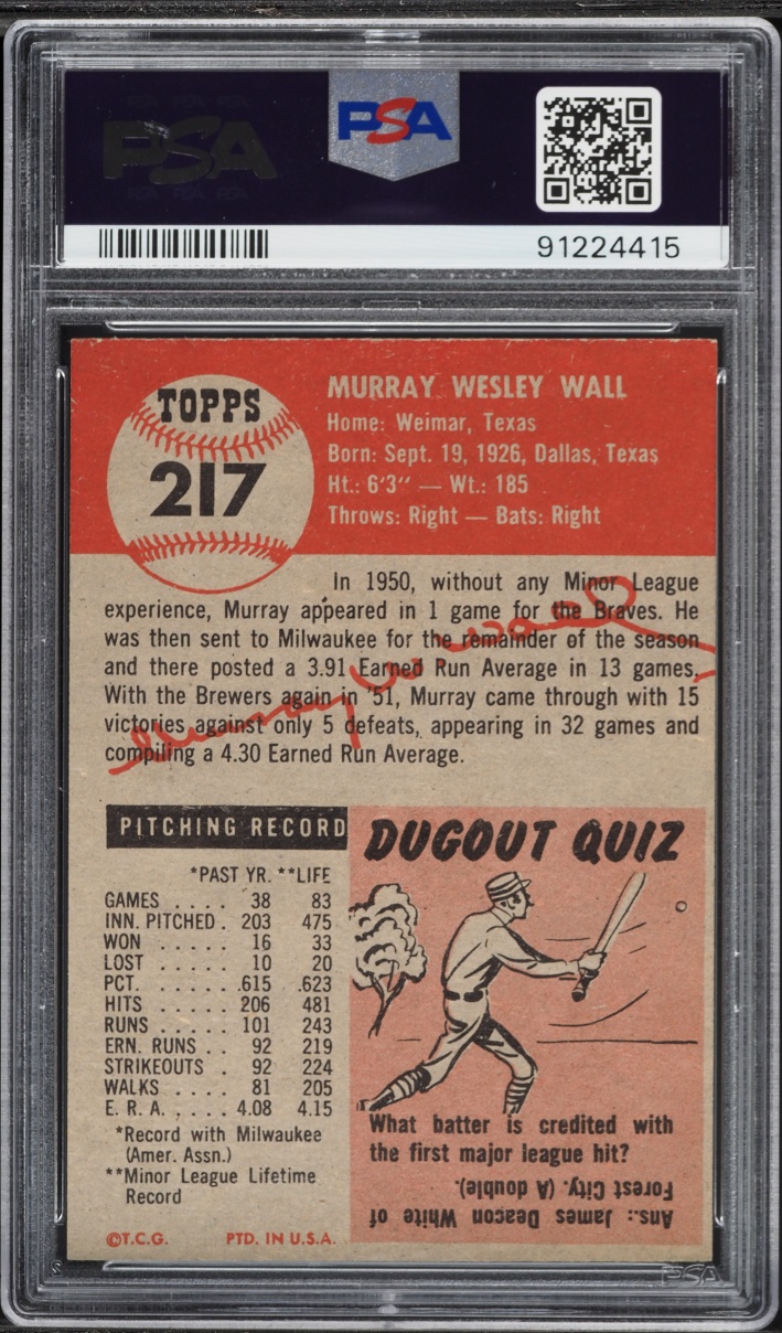 1953 Topps Murray Wall #217 PSA 6 EXMT