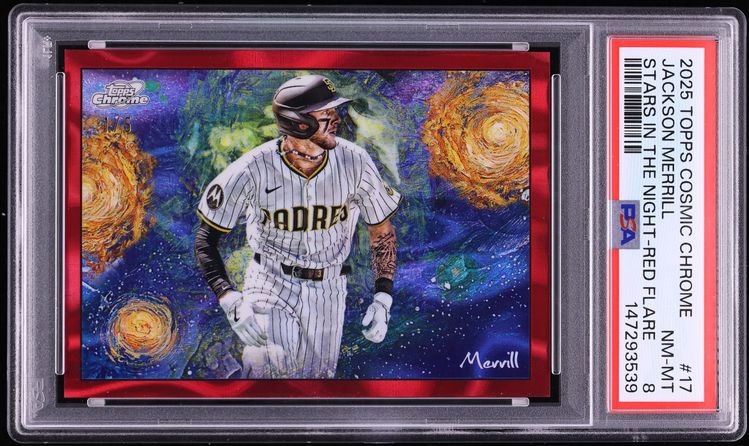2025 Topps Chrome Cosmic Stars In The Night Red Flare Jackson Merrill 1/5 #STN-17 PSA 8 NM-MT