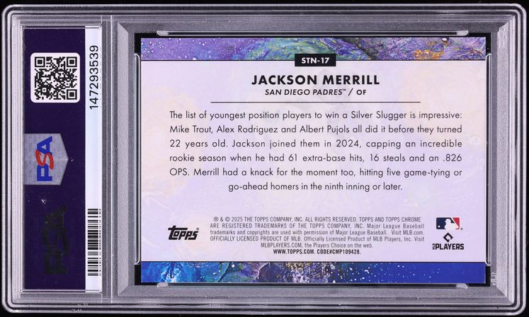 2025 Topps Chrome Cosmic Stars In The Night Red Flare Jackson Merrill 1/5 #STN-17 PSA 8 NM-MT