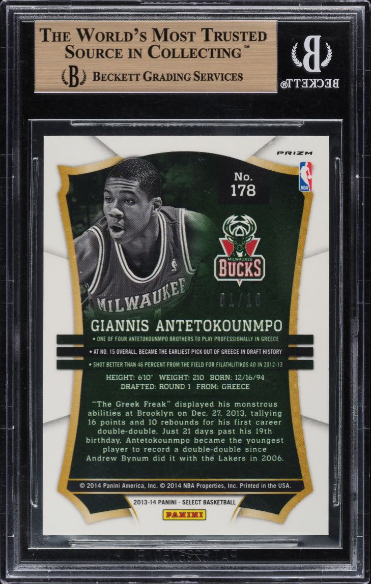 2013 Select Gold Prizm Giannis Antetokounmpo ROOKIE 1/10 #178 BGS 9.5 GEM MINT - Photo 2
