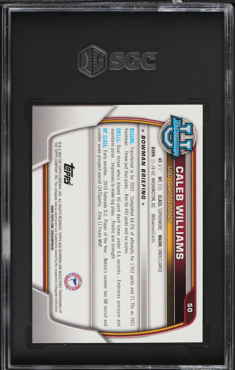 2022 Bowman Chrome University Caleb Williams ROOKIE #50 SGC 9 MINT